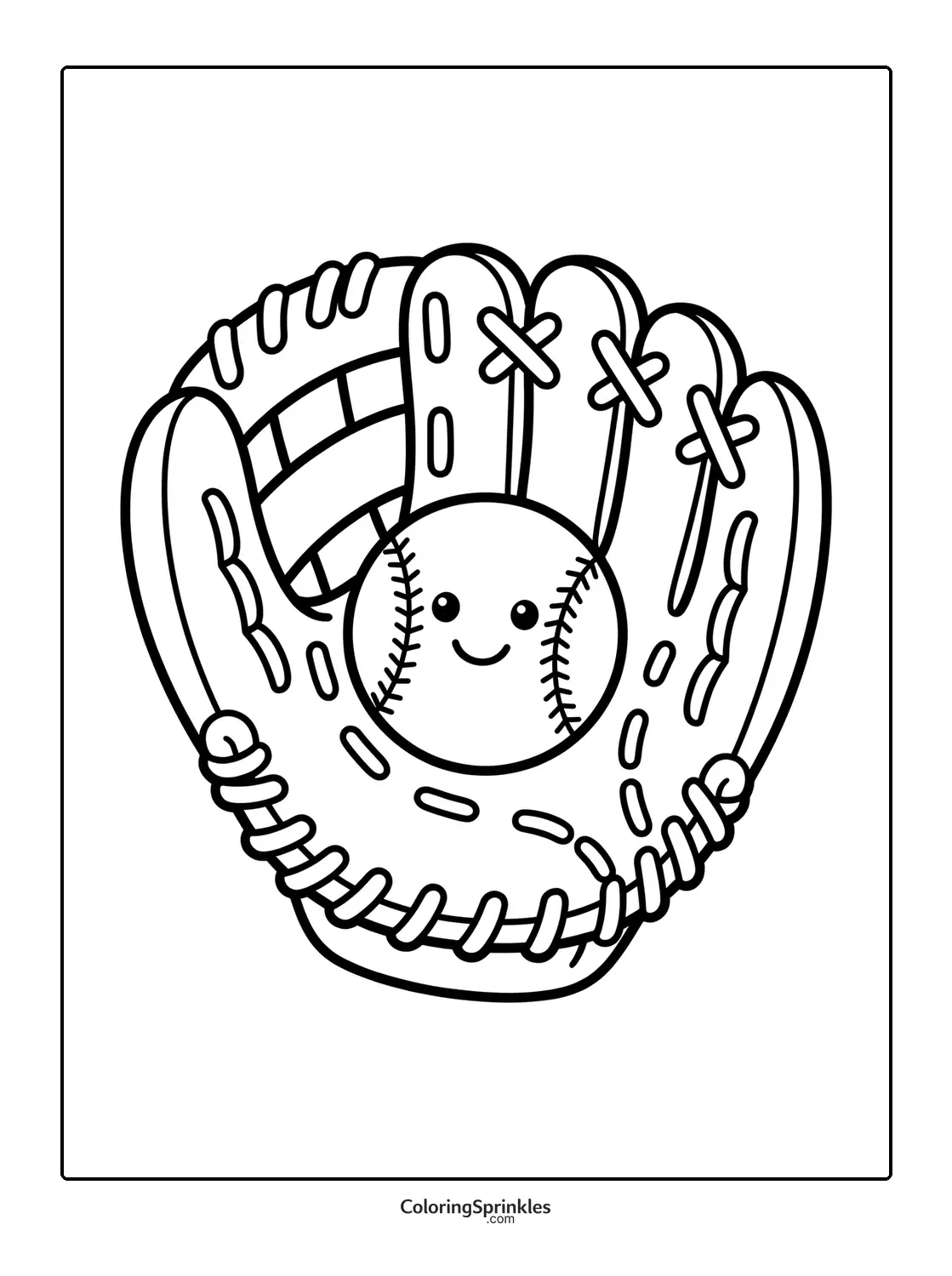 Coloring page of a baseball glove holding a smiling baseball