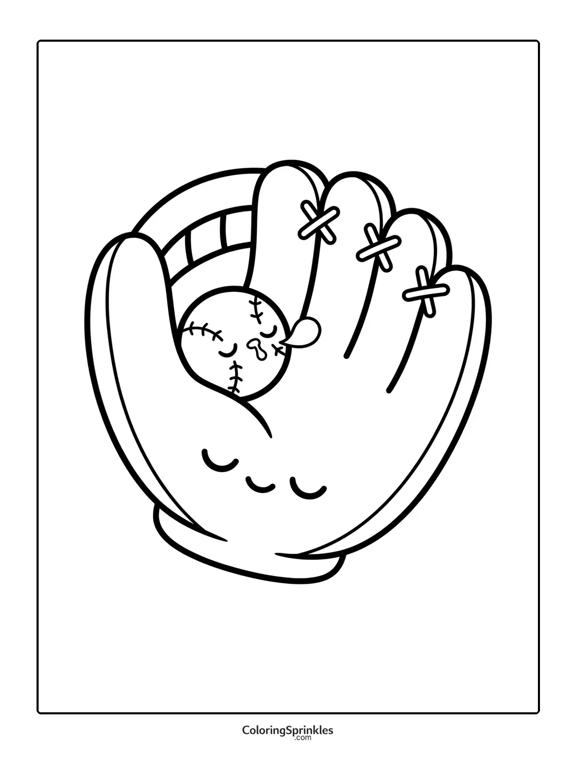 Coloring page of a baseball glove catching a sleeping baseball