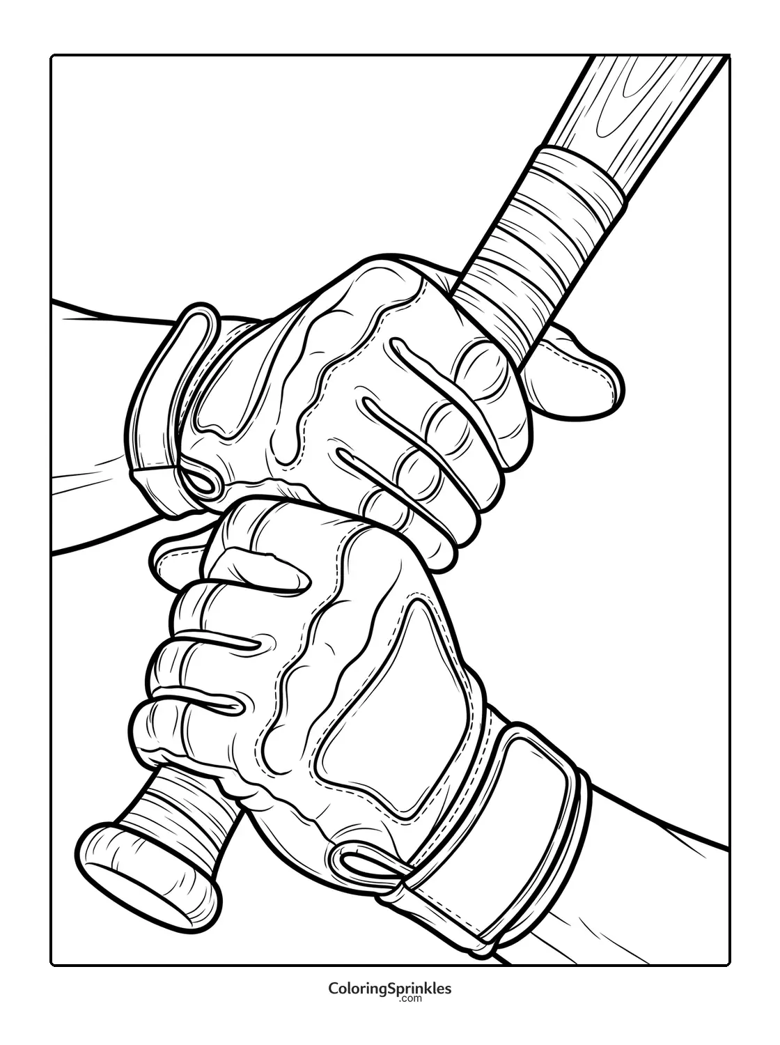 Coloring page of baseball gloved hands holding a bat