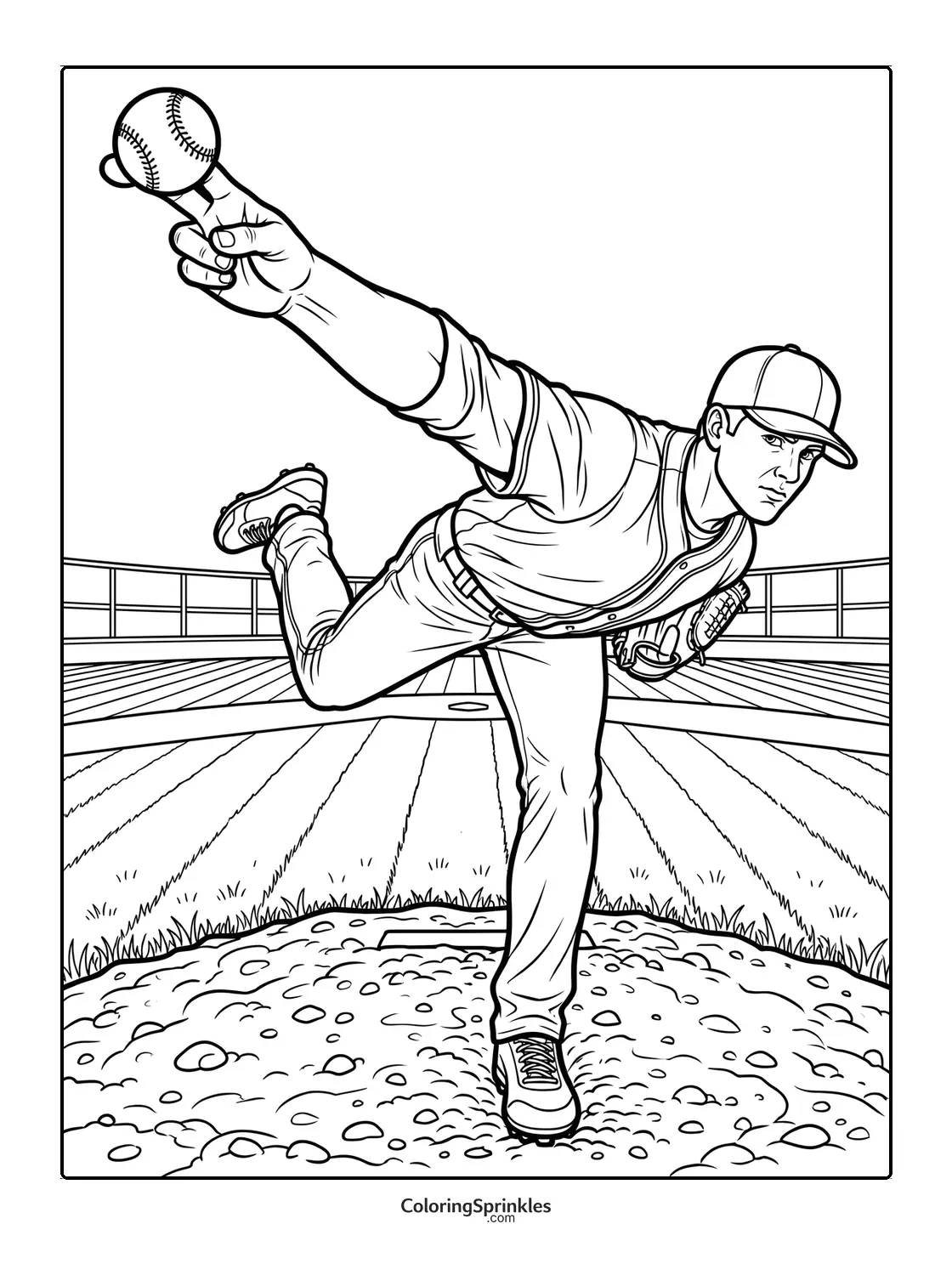 Coloring page of a baseball pitcher throwing a ball on the field