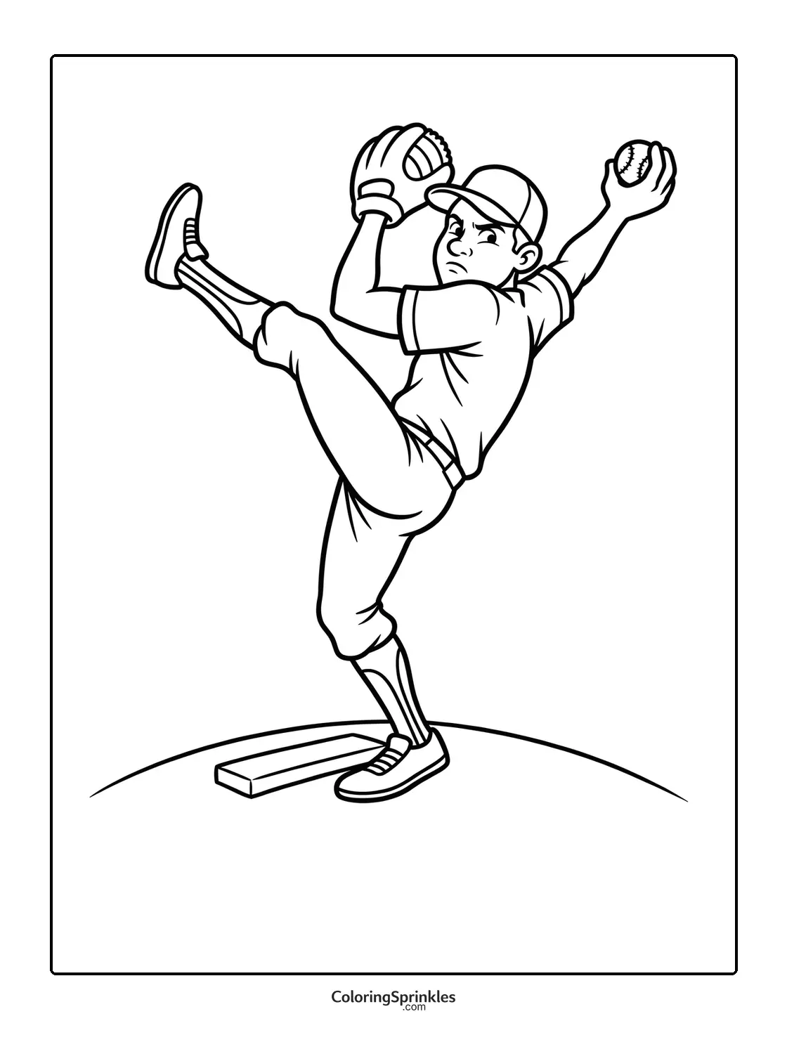 Coloring page of a baseball pitcher throwing a ball