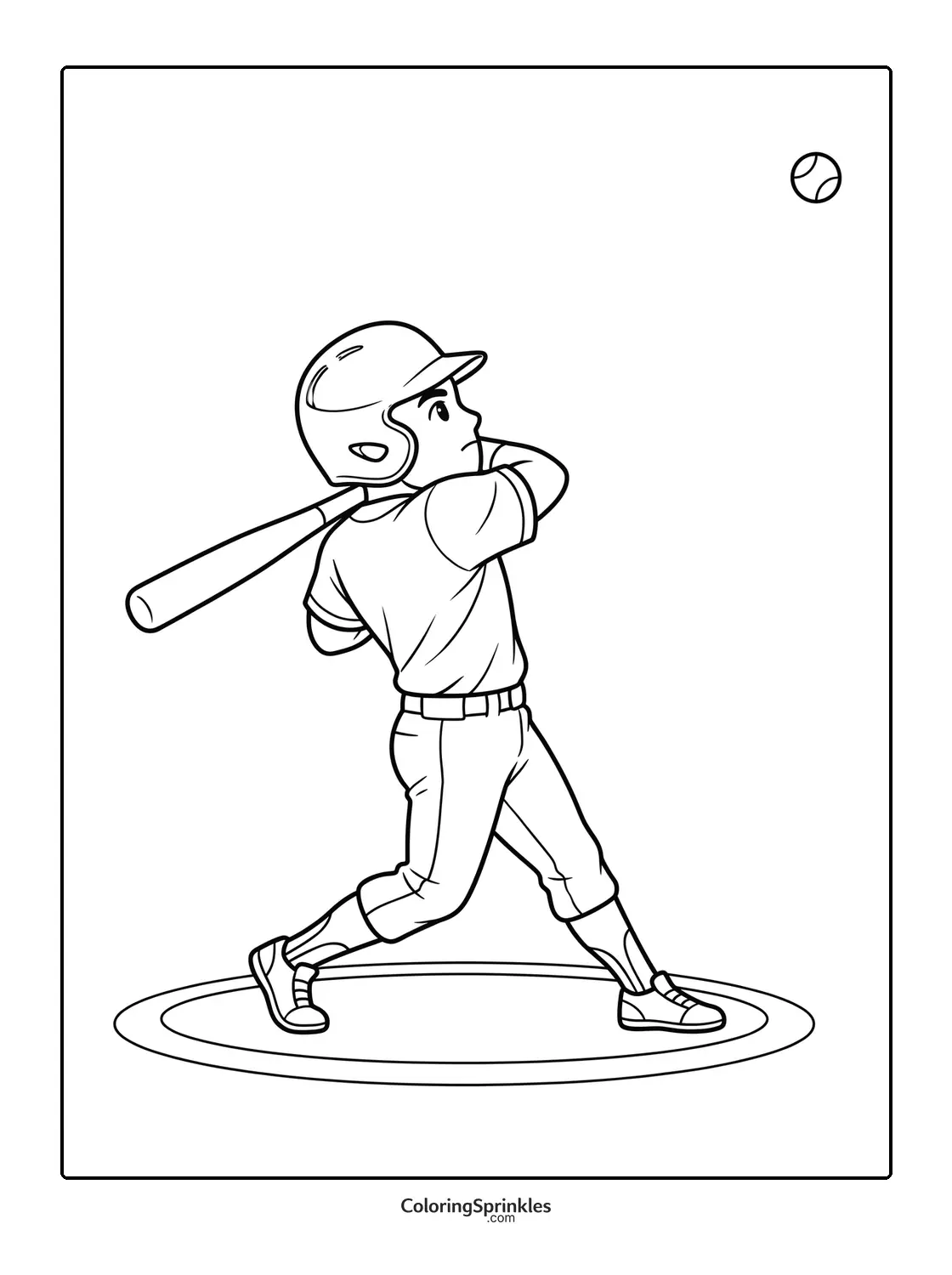 Coloring page of a baseball player batting with helmet and ball