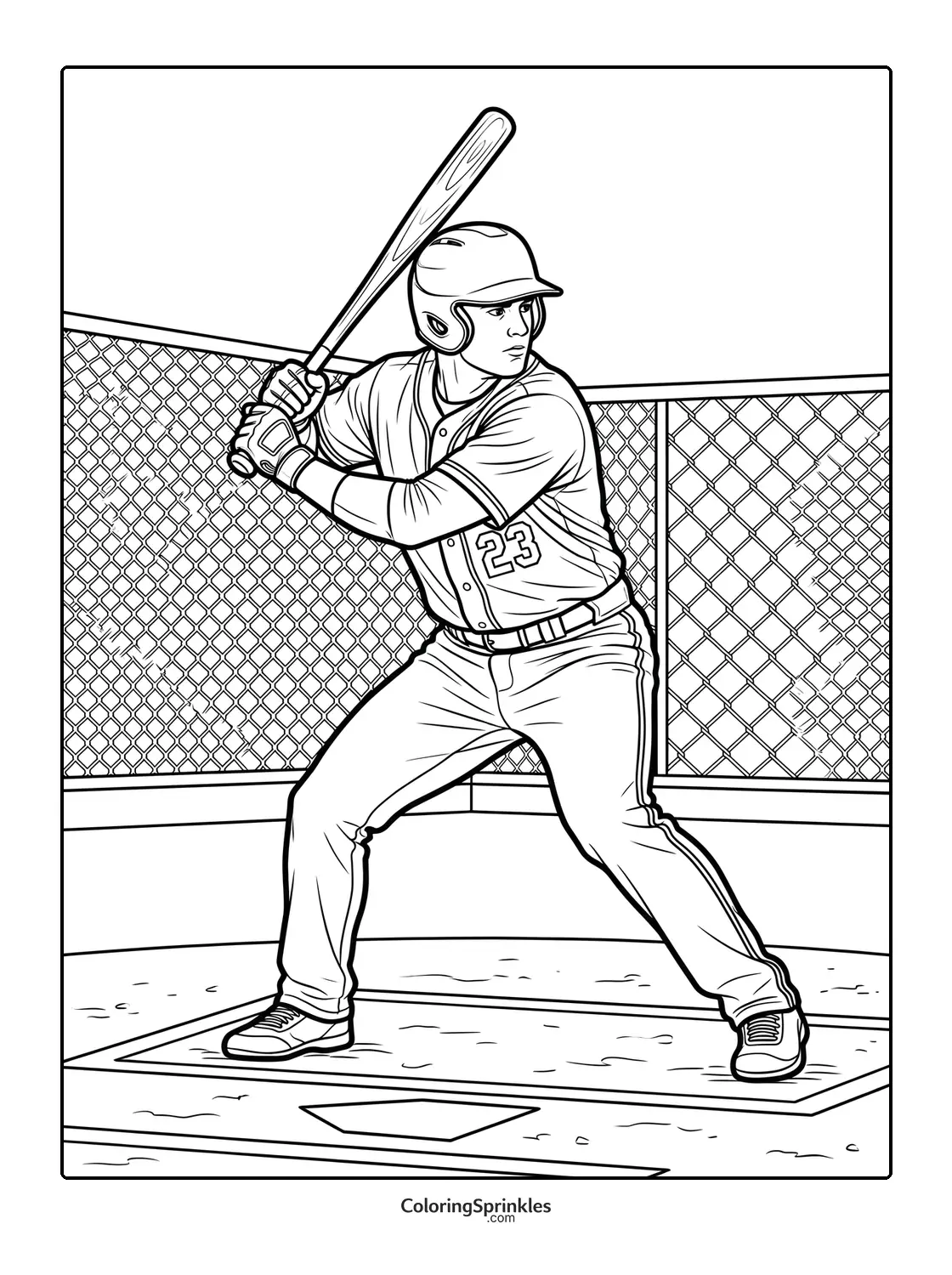 Coloring page of a baseball player batting in a cage