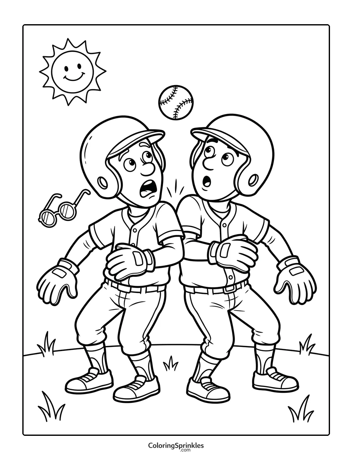Coloring page of two baseball players about to collide while watching a ball
