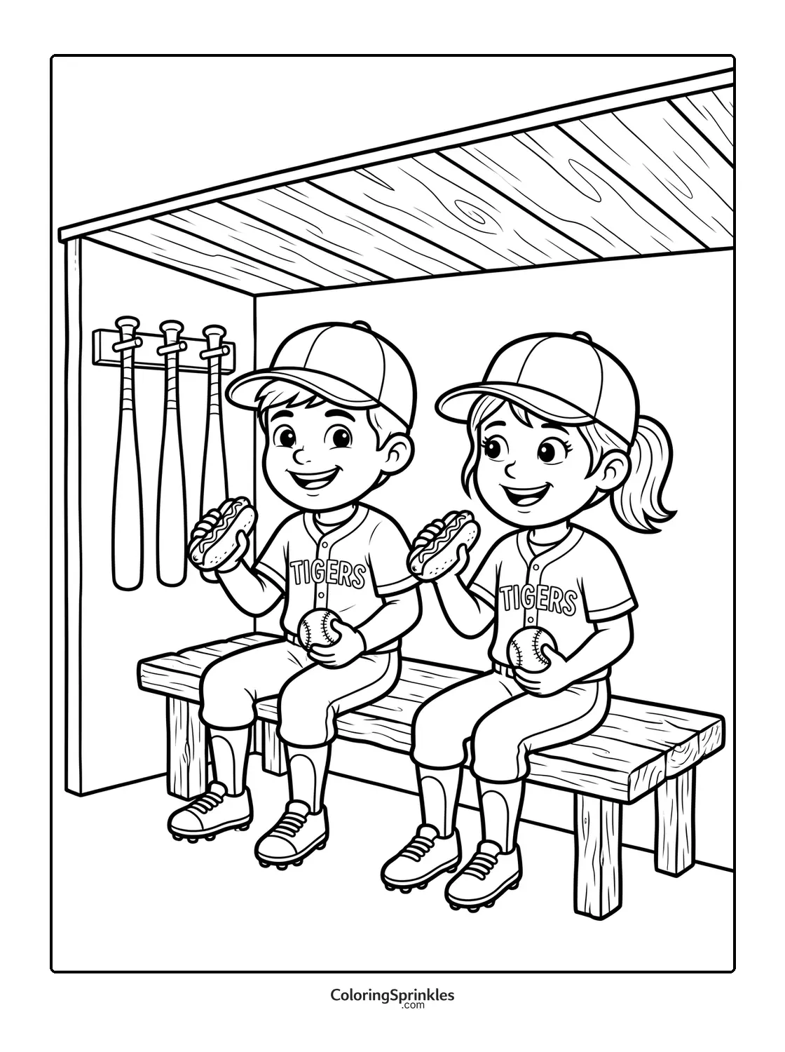 Coloring page of two young baseball players sitting in a dugout eating hotdogs