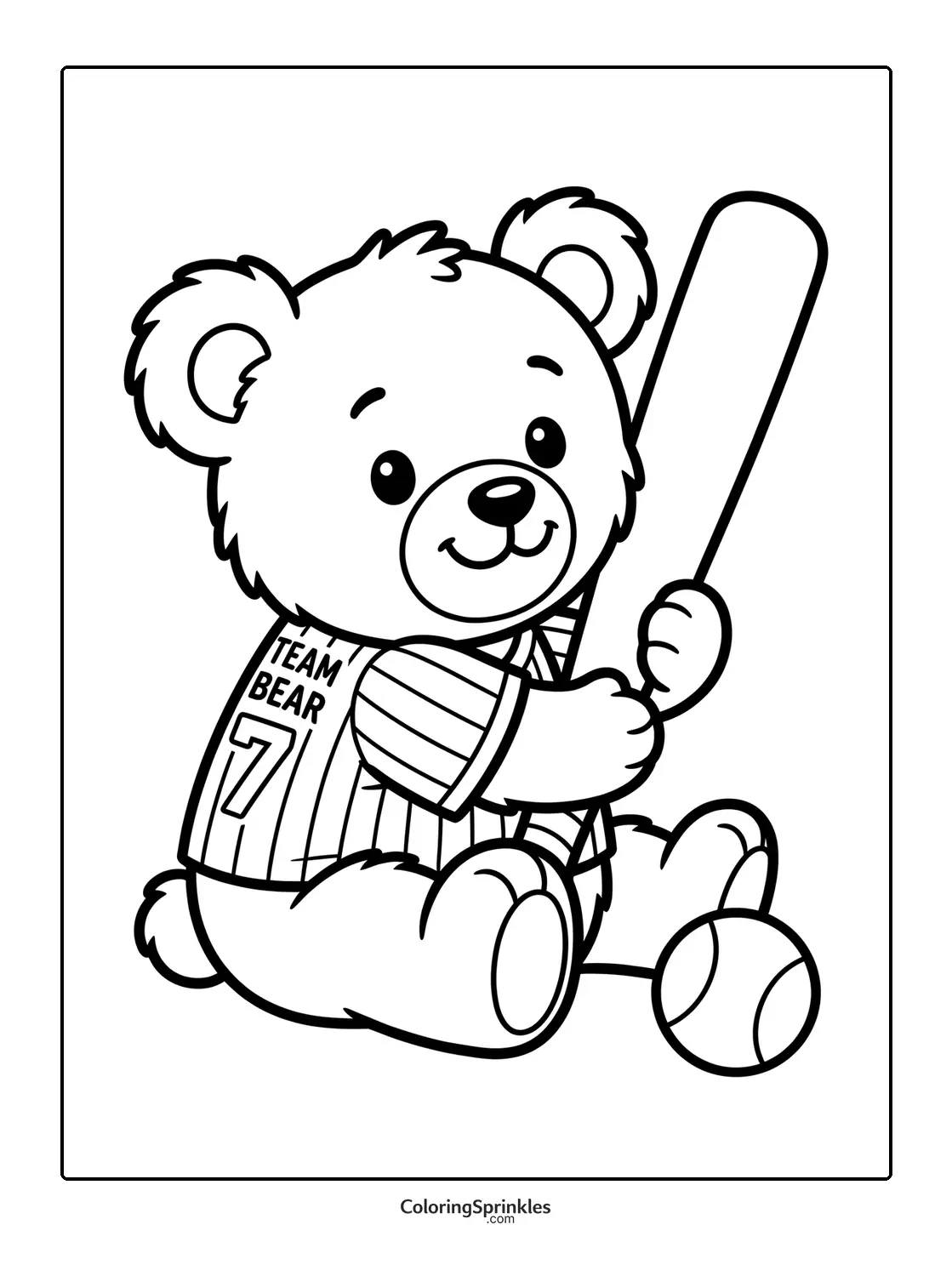 Coloring page of a bear holding a baseball bat with a ball