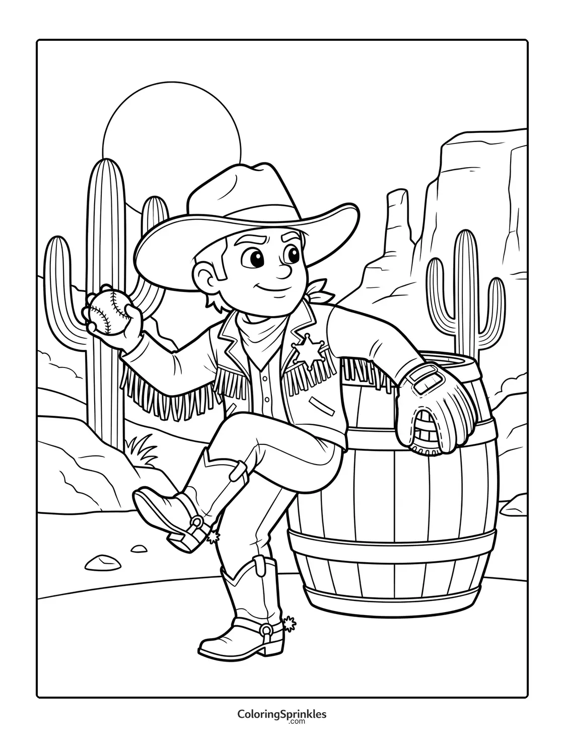 Coloring page of a cowboy boy playing baseball in a desert with a barrel