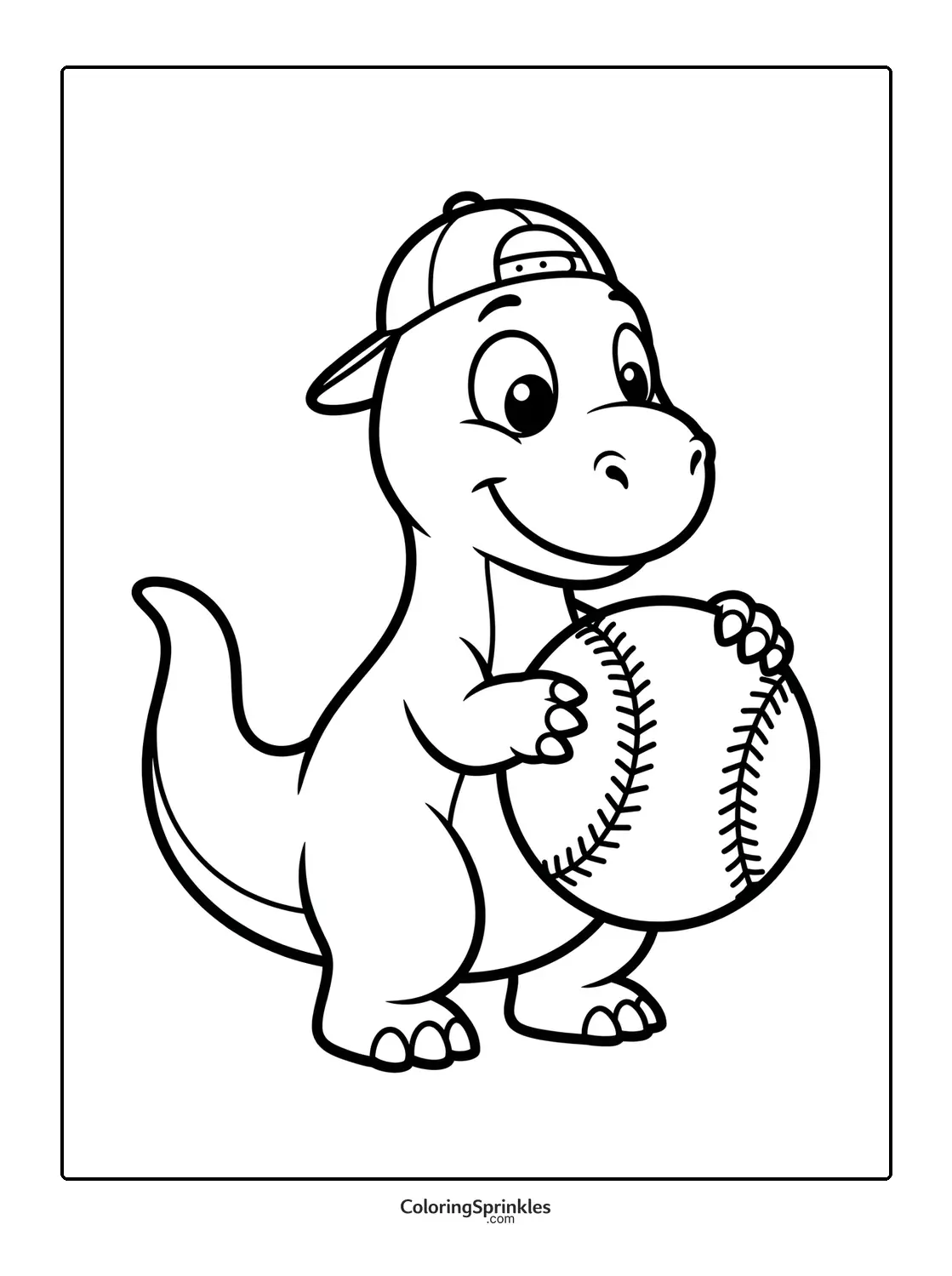 Coloring page of a dinosaur wearing a baseball cap holding a baseball