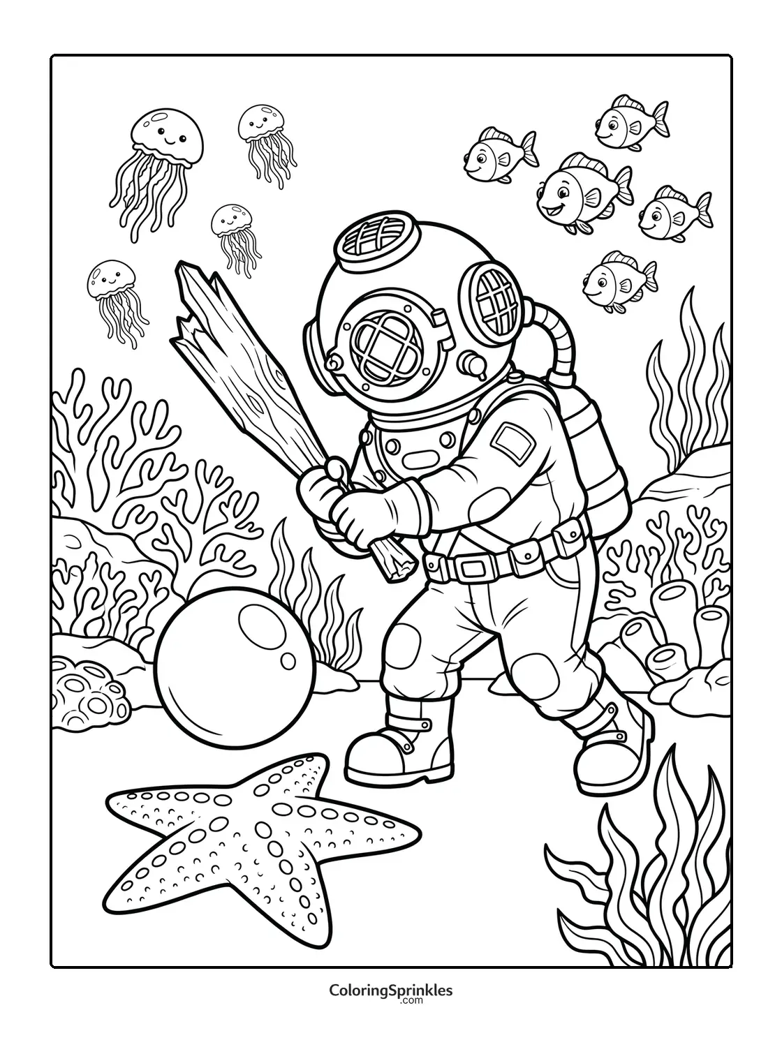 Coloring page of a diver playing baseball underwater with sea creatures