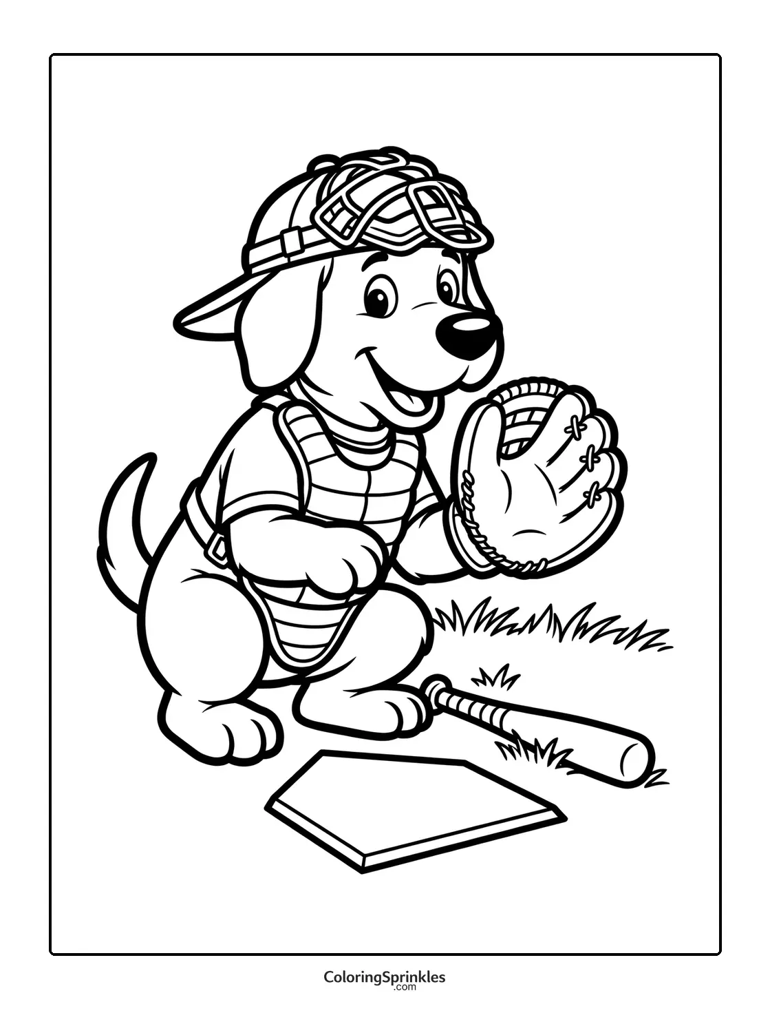 Coloring page of a dog dressed as a baseball catcher with glove and bat near home plate