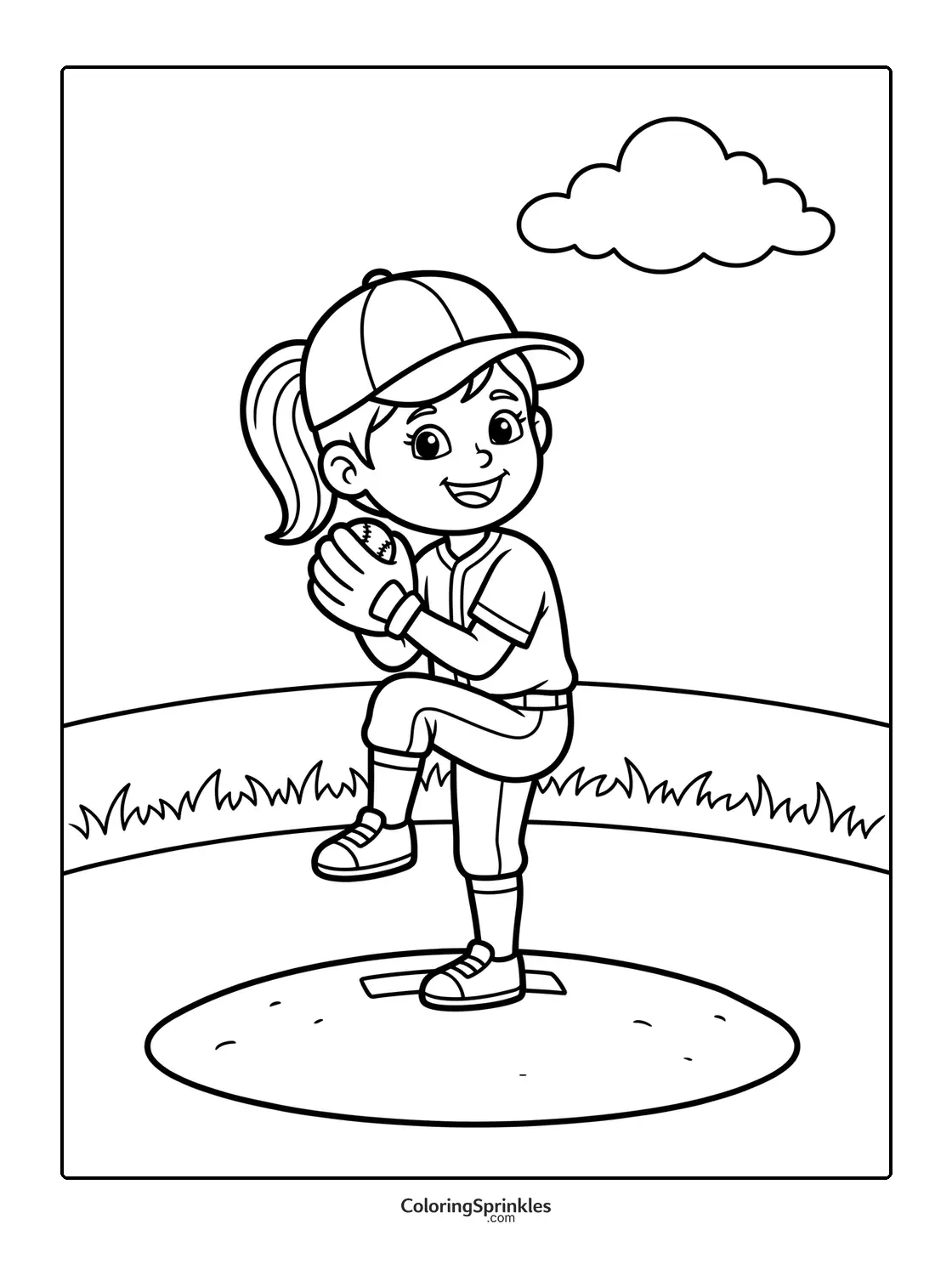 Coloring page of a girl baseball pitcher on the field with a cloud