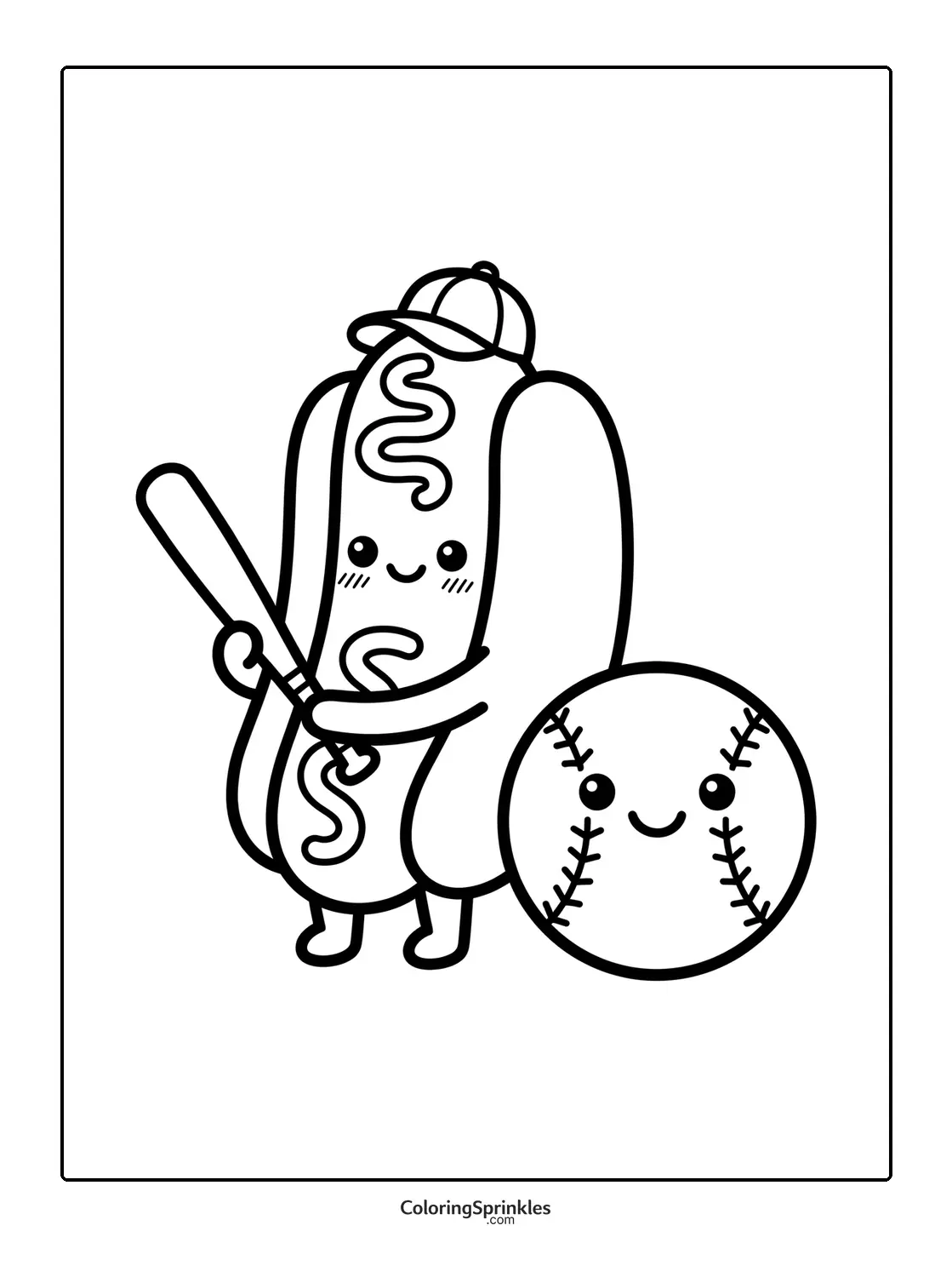 Coloring page of a smiling hotdog holding a baseball bat next to a smiling baseball