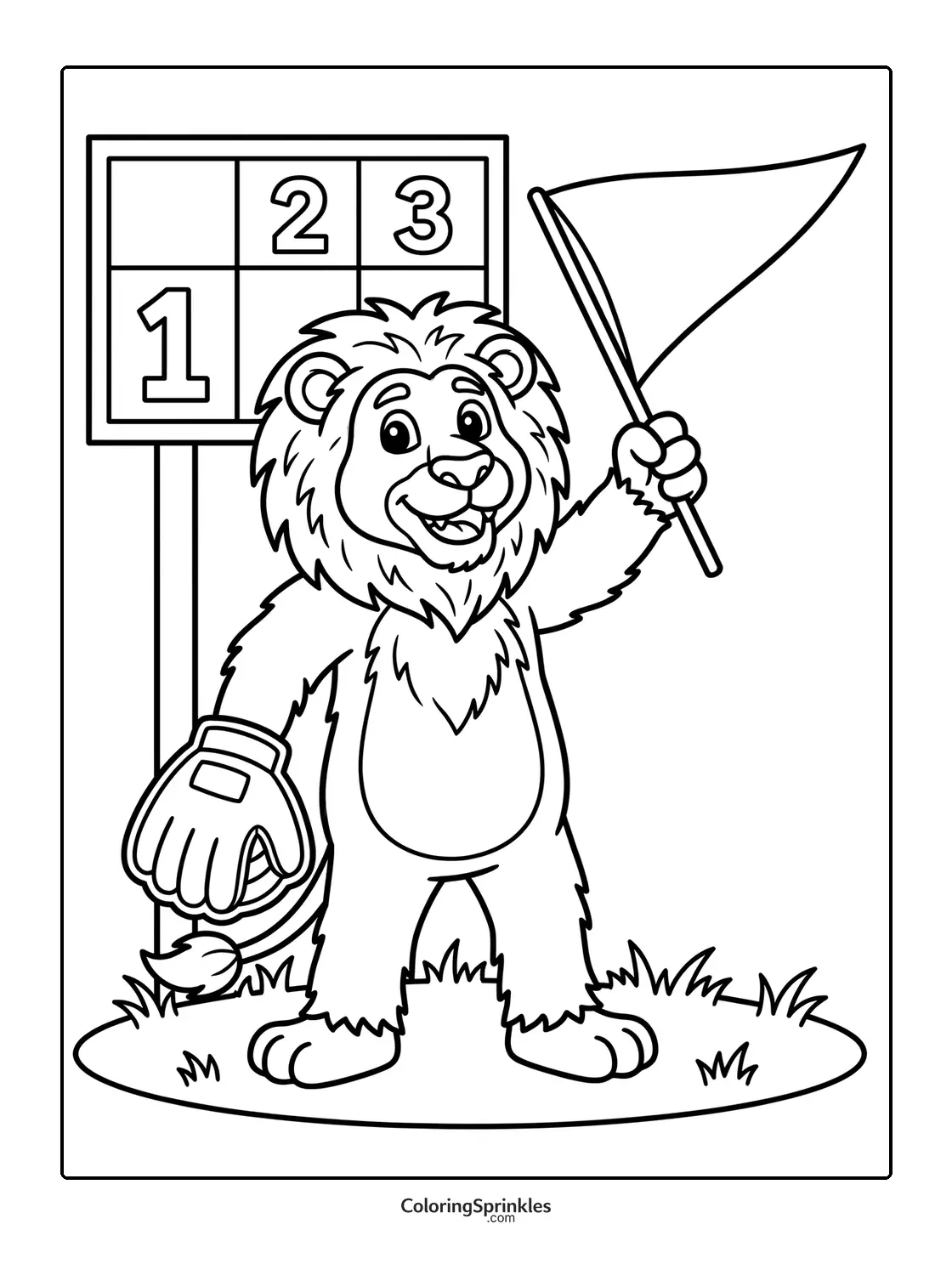 Coloring page of a lion holding a flag and a baseball glove near a scoreboard