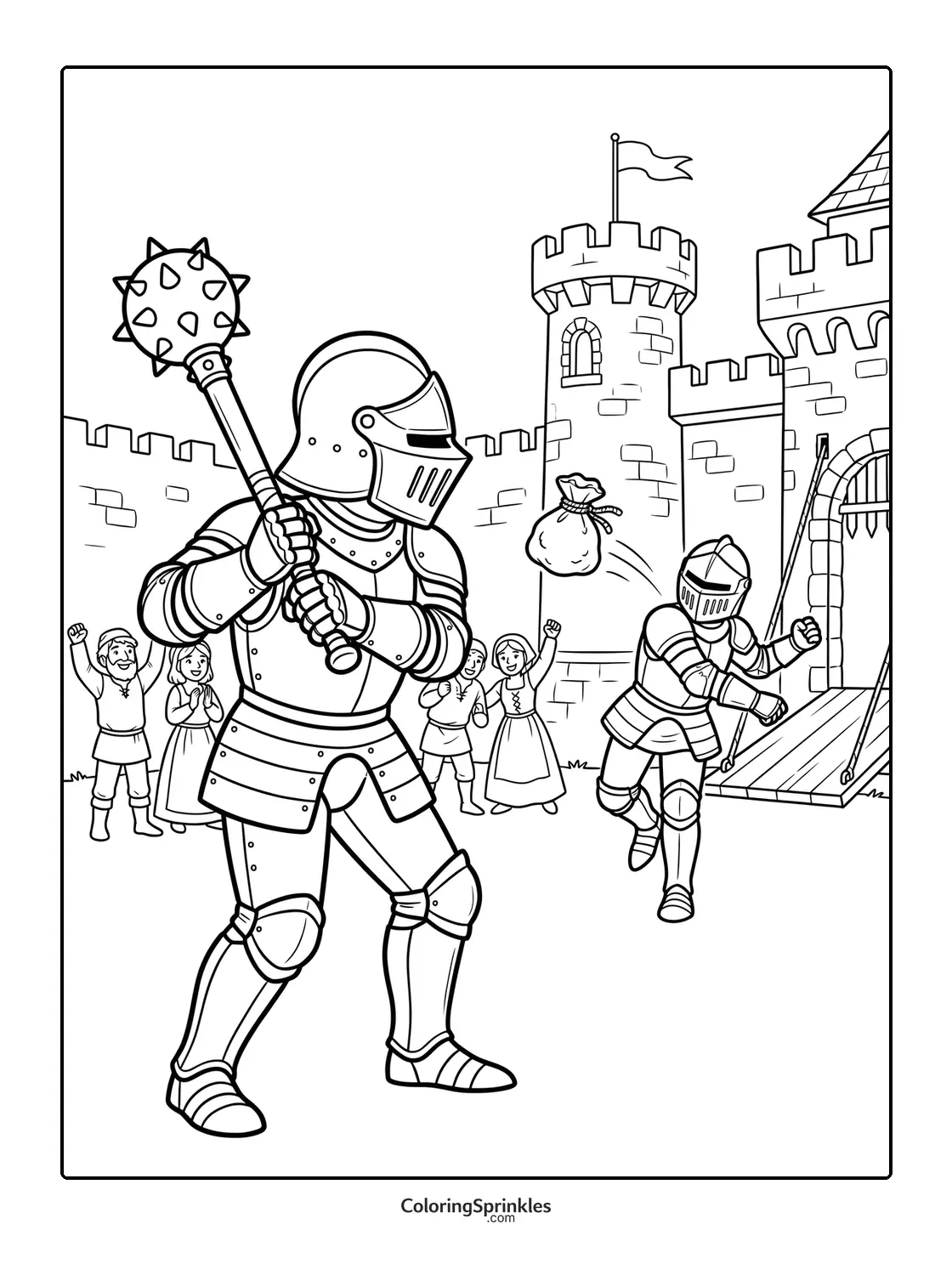 Coloring page of medieval knights battling near a castle