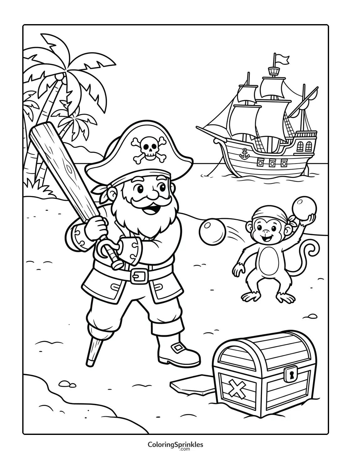 Coloring page of a pirate playing baseball with a monkey near a treasure chest