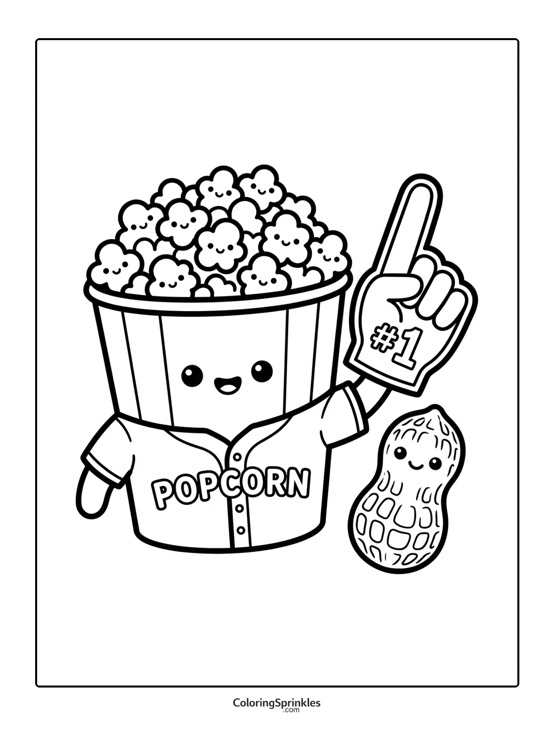 Coloring page of a popcorn bucket wearing a baseball jersey and foam finger with a peanut