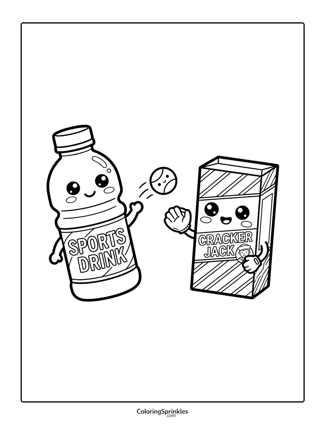 Coloring page of a sports drink bottle and a Cracker Jack box playing with a baseball and glove