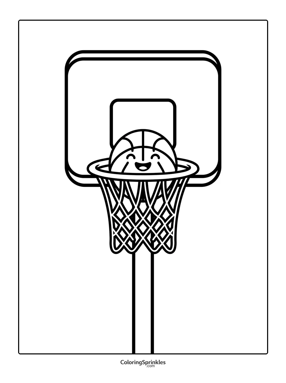 Coloring page of a smiling basketball going through a hoop