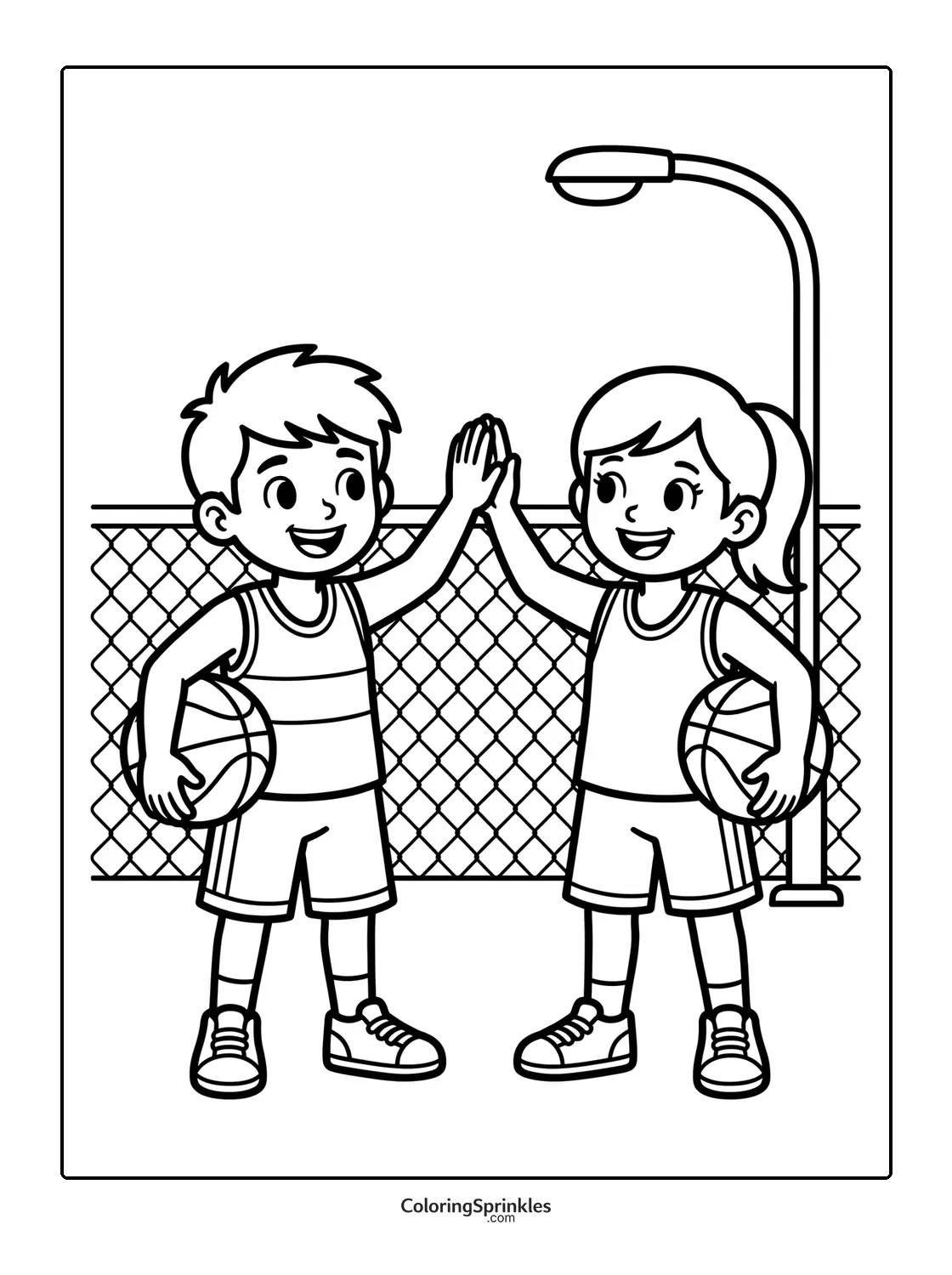 Coloring page of two kids holding basketballs and giving a high five on a court