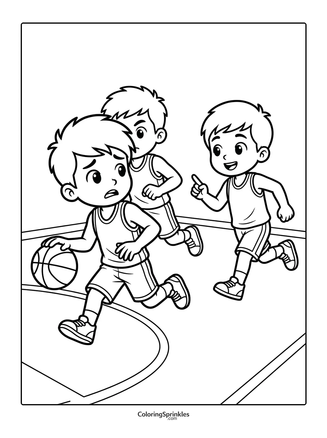 Coloring page of kids playing basketball on a court