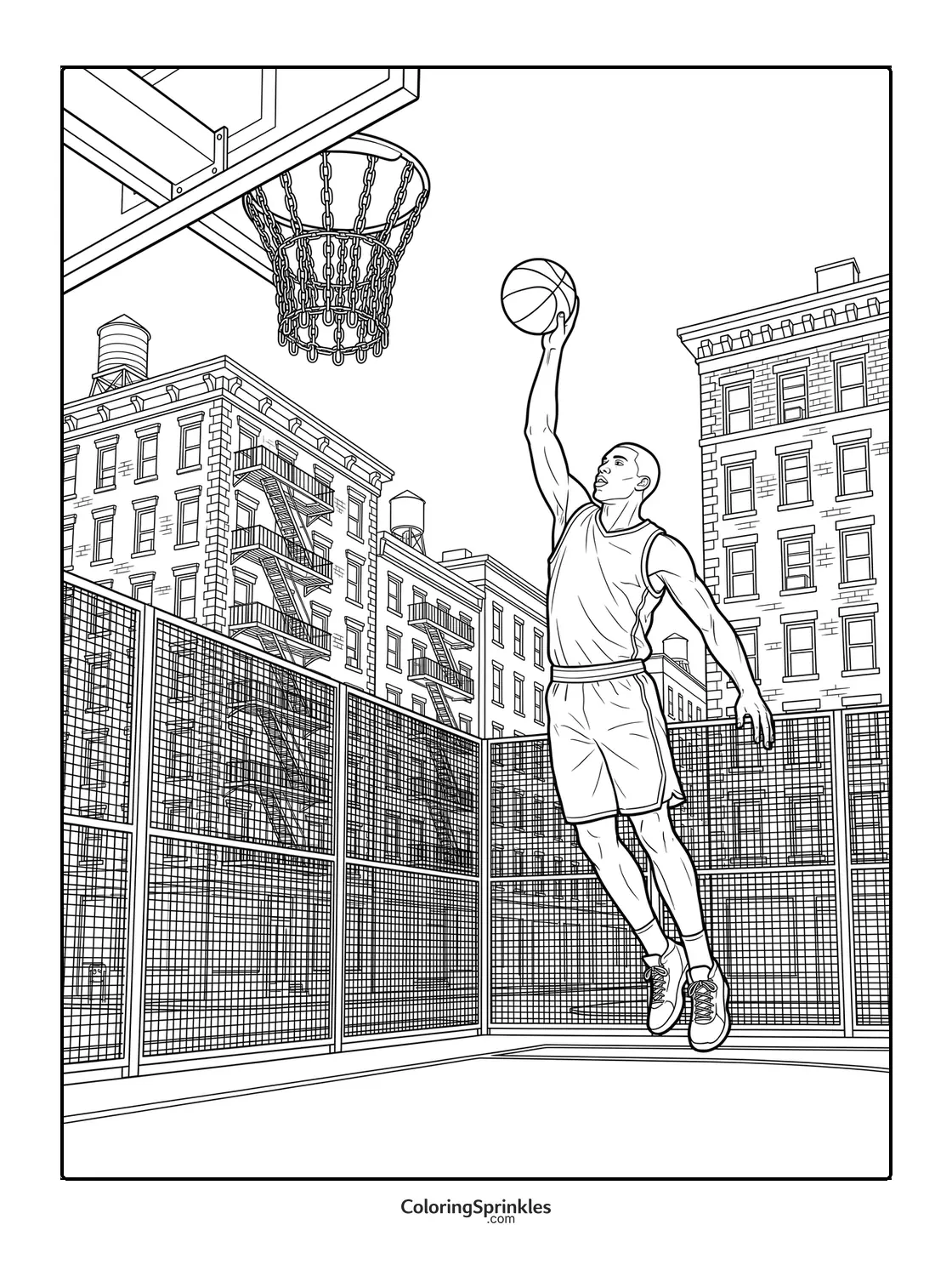 Coloring page of a basketball player jumping to score on an urban court