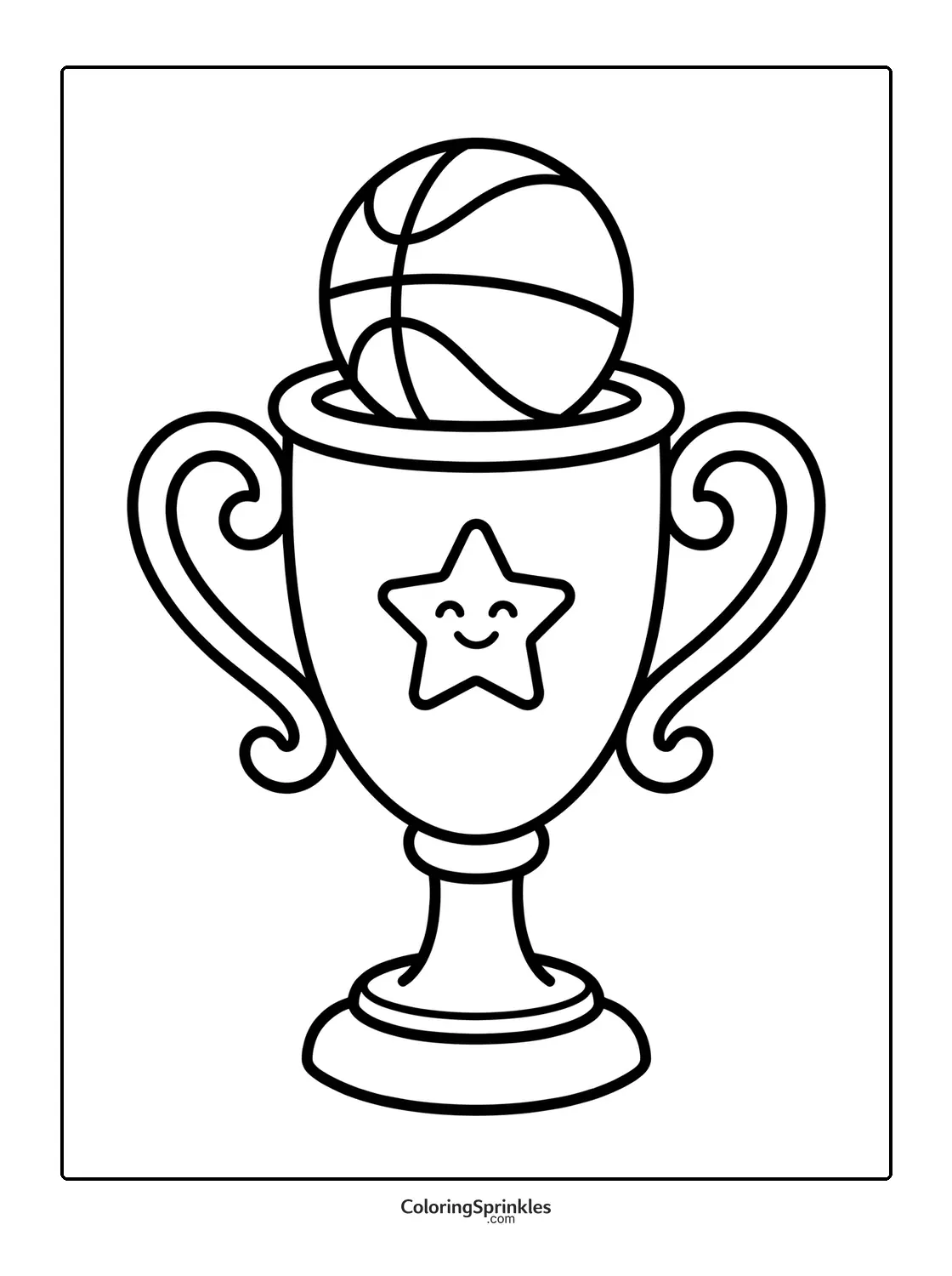 Coloring page of a basketball trophy with a smiling star