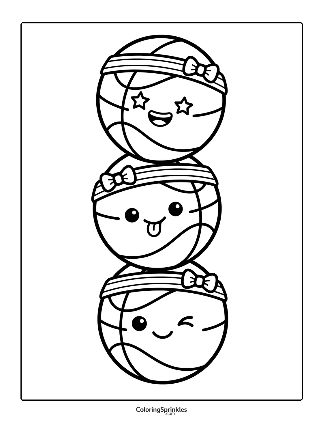 Coloring page of three basketballs stacked with faces wearing headbands and bows