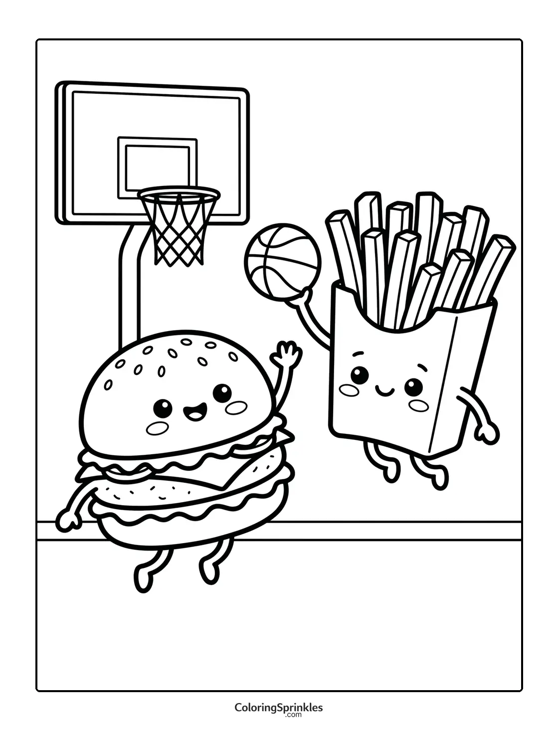 Coloring page of a burger and french fries playing basketball