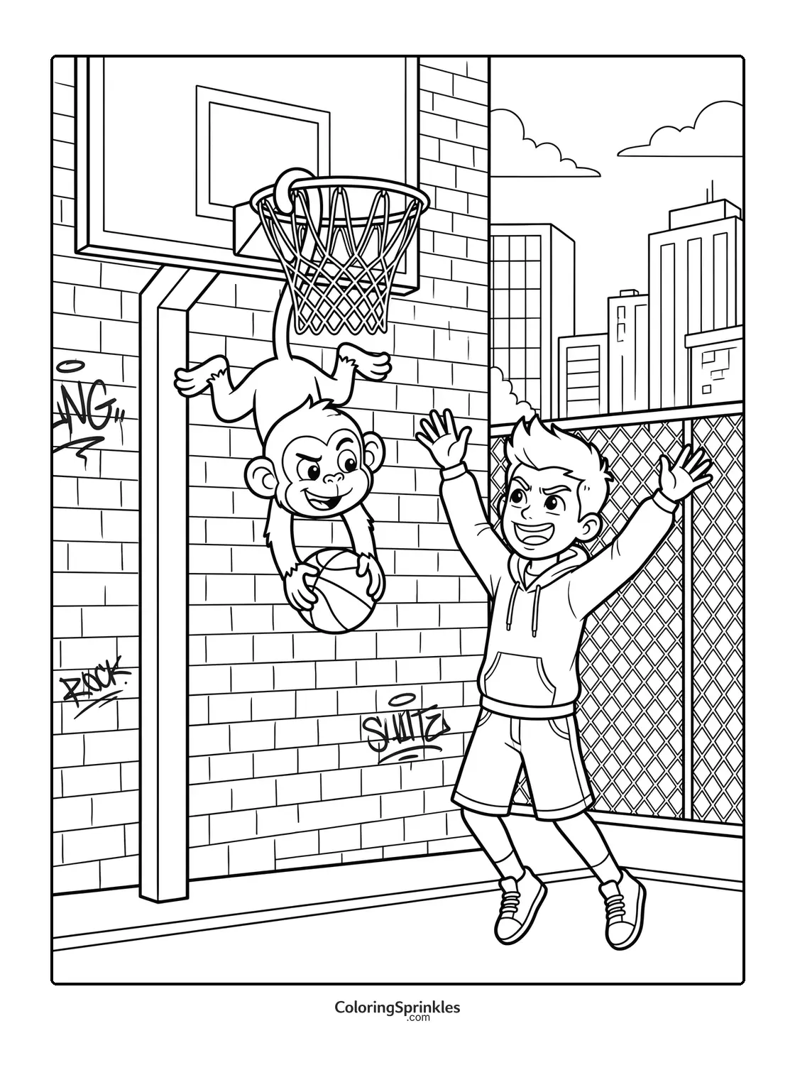 Coloring page of a monkey dunking a basketball while a boy defends in a city court