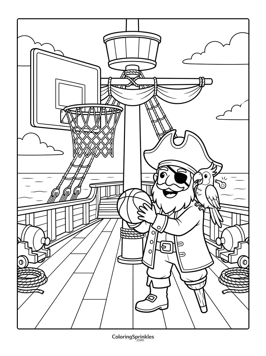 Coloring page of a pirate playing basketball on a ship with a parrot