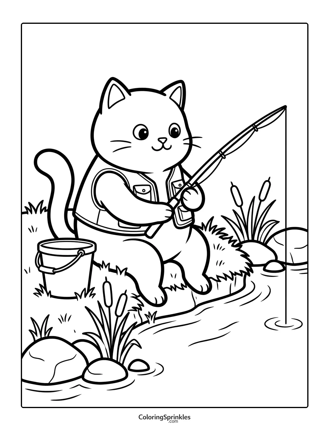 Coloring page of a cat fishing at a riverbank with a bucket