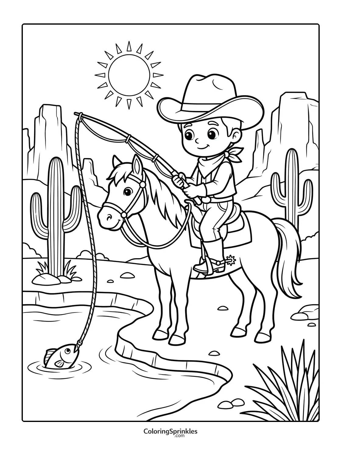 Coloring page of a cowboy fishing while riding a horse in the desert