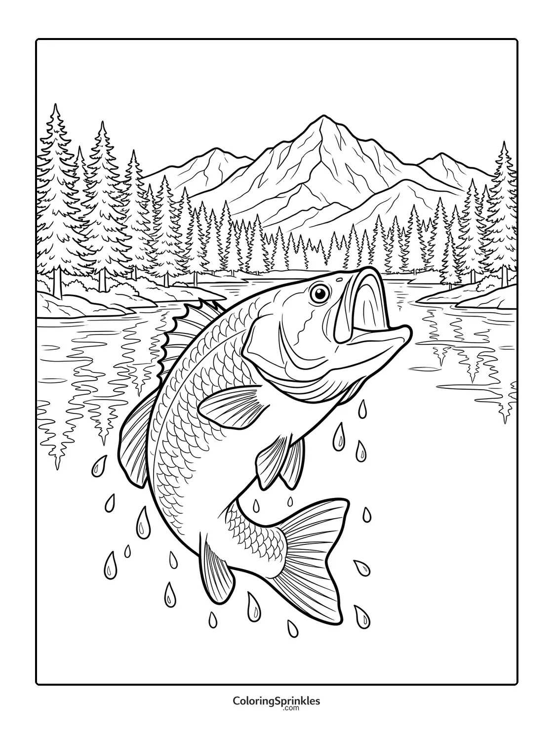 Coloring page of a fish jumping out of a lake with mountains and pine trees in the background