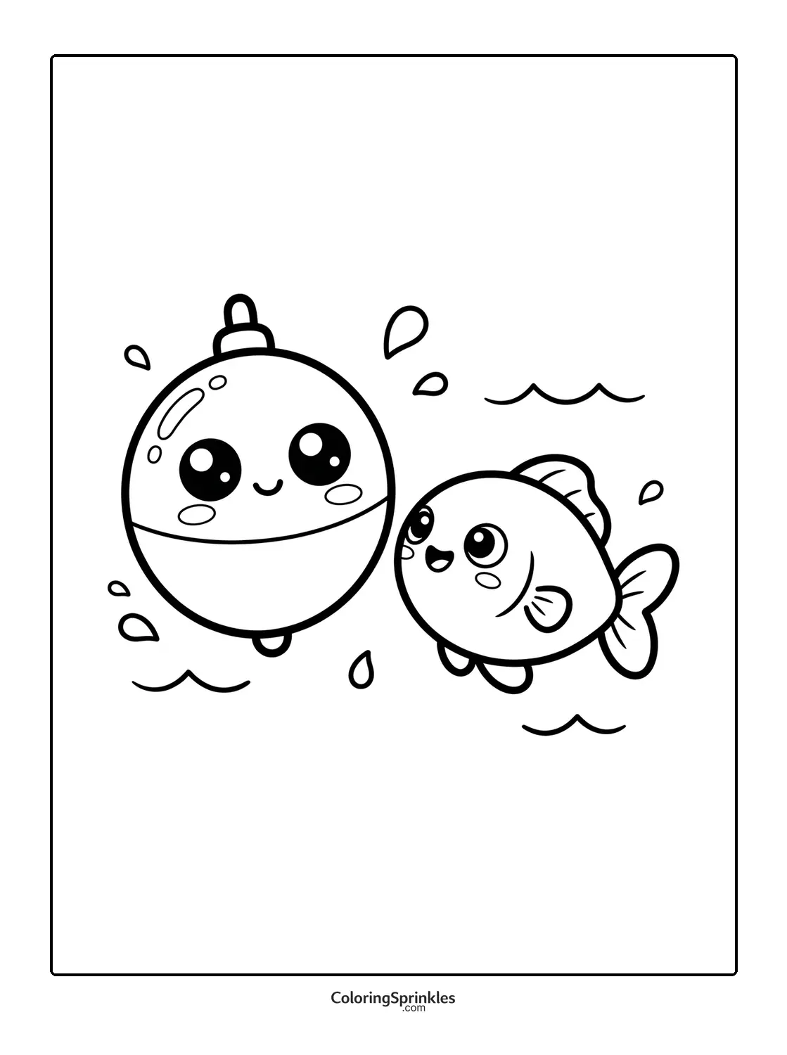 Coloring page of a cute fish swimming near a fishing bobber in water