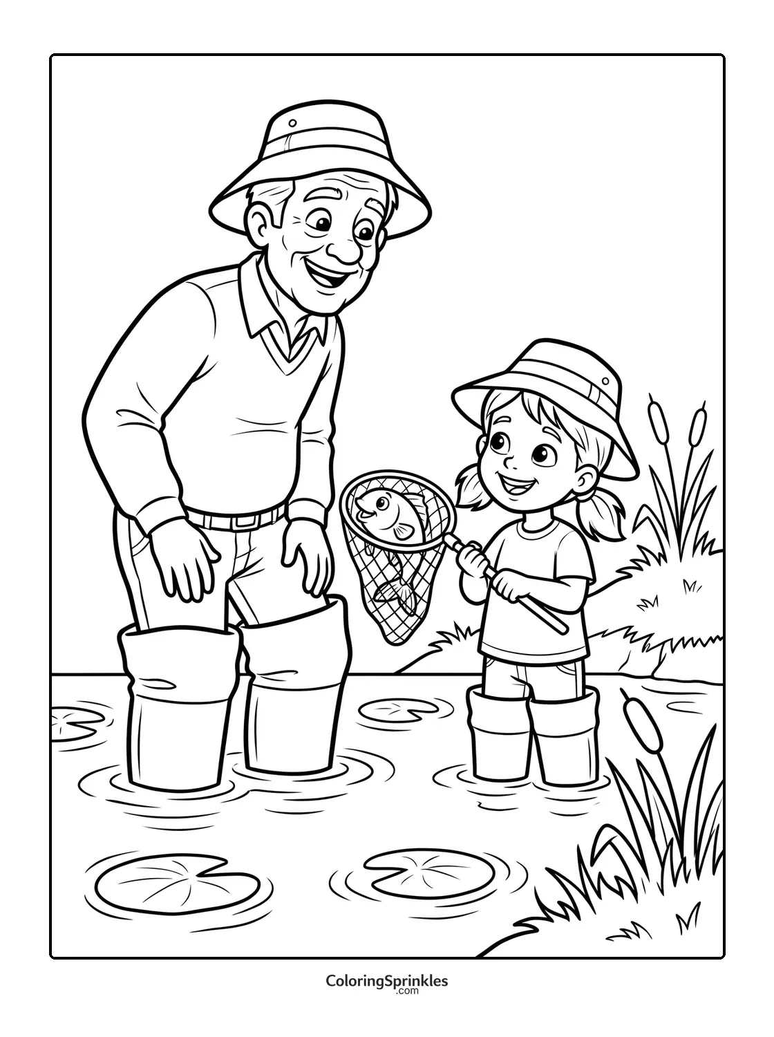 Coloring page of a grandfather and granddaughter fishing in a pond wearing waders