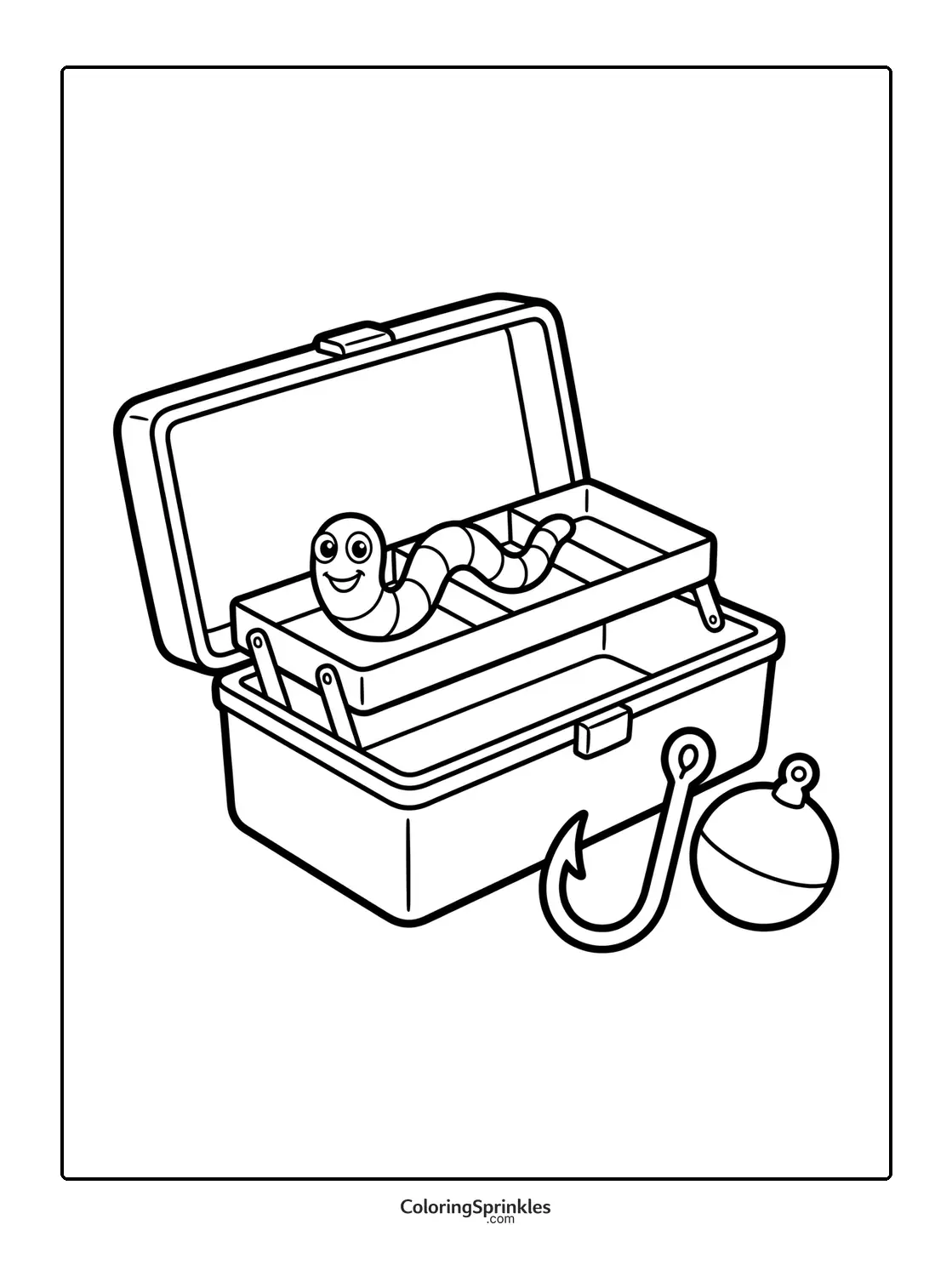 Coloring page of a fishing tackle box with a worm, hook, and bobber