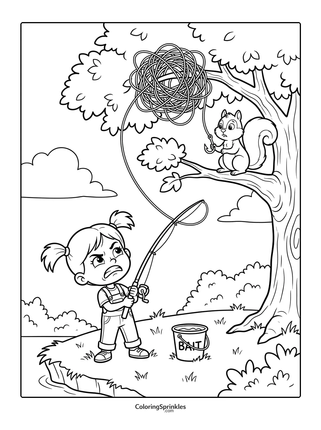 Coloring page of a girl fishing with a tangled line caught in a tree with a squirrel