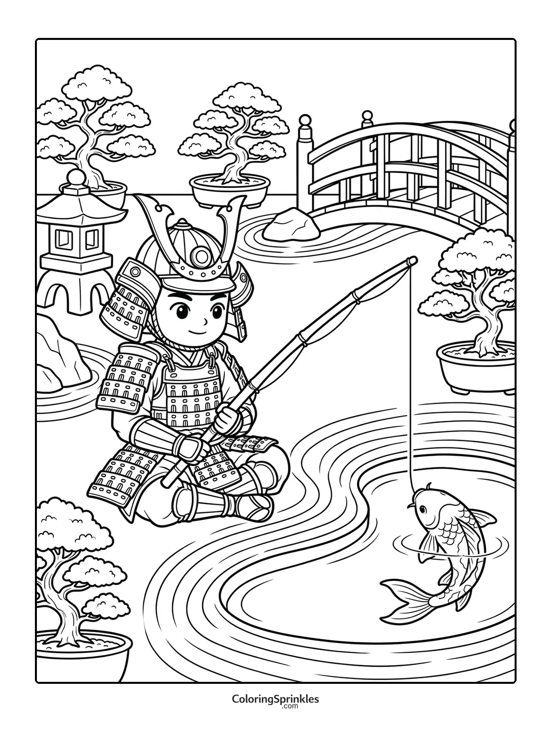 Coloring page of a samurai fishing at a pond with a bridge and bonsai trees