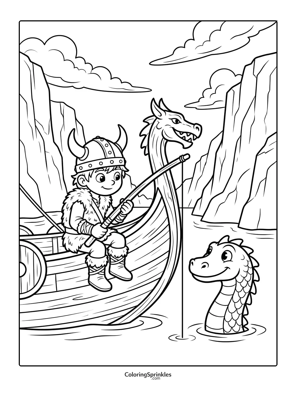 Coloring page of a Viking boy fishing from a dragon boat in a fjord