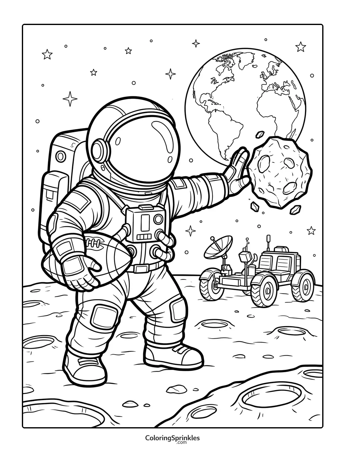 Coloring page of an astronaut holding a football on the moon with Earth and a rover