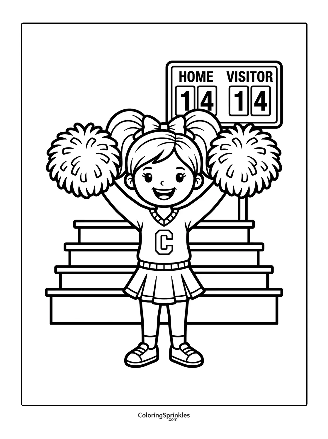 Coloring page of a cheerleader girl holding pom poms in front of a scoreboard