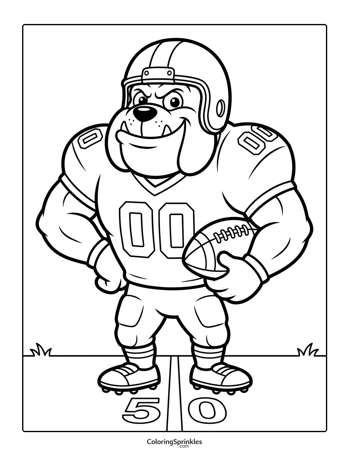 Coloring page of a bulldog football player wearing a helmet on the 50 yard line