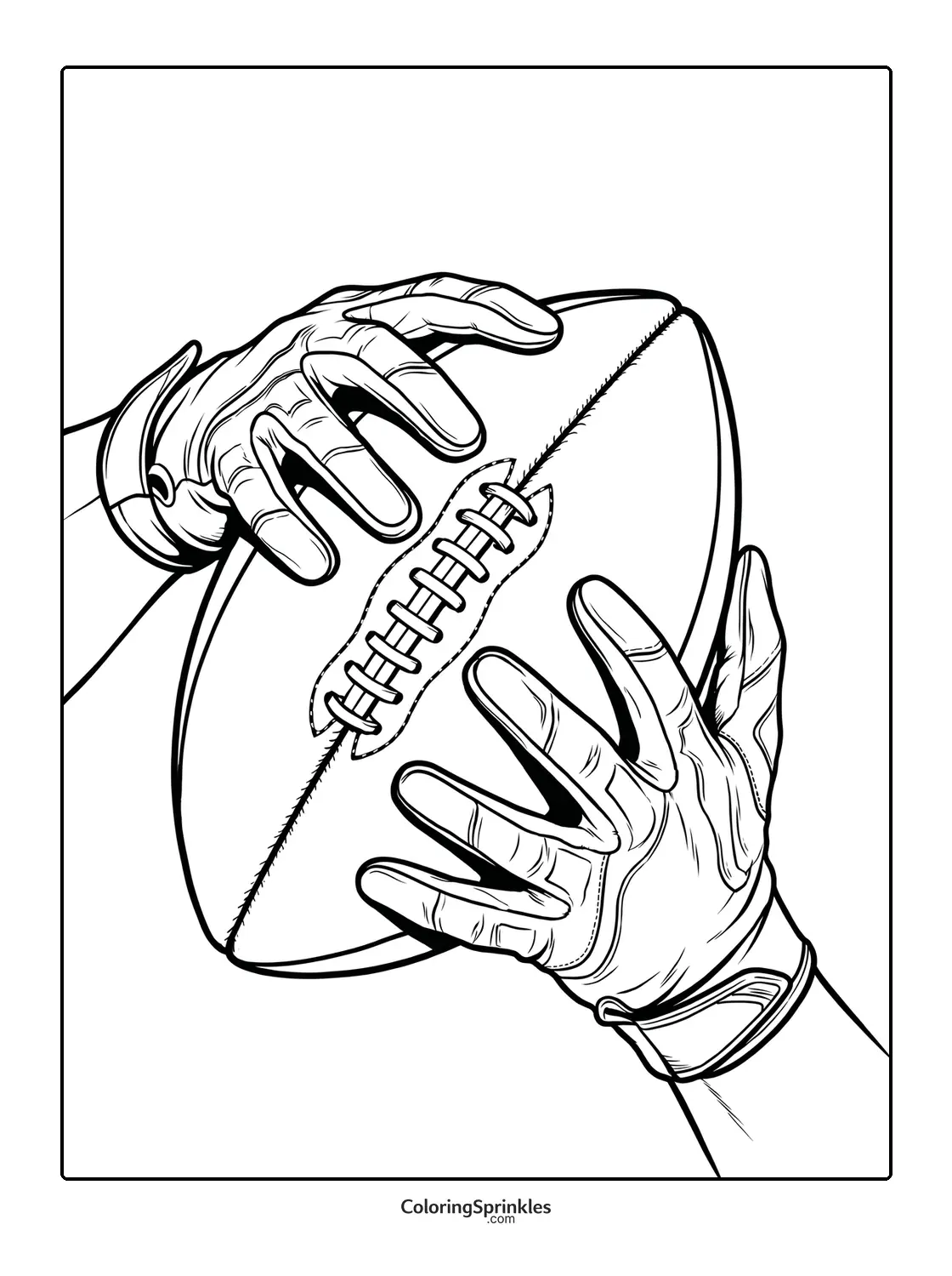 Coloring page of gloved hands catching a football