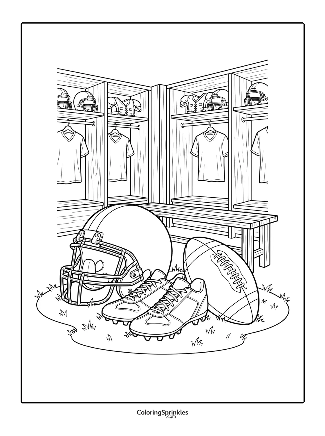 Coloring page of football helmet cleats and ball in a locker room