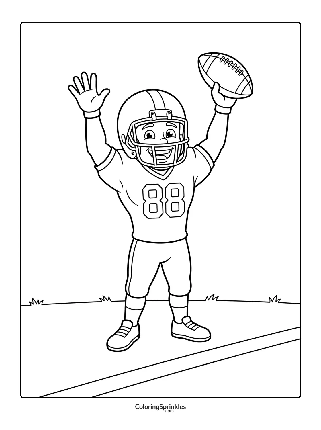 Coloring page of a football player celebrating in the endzone