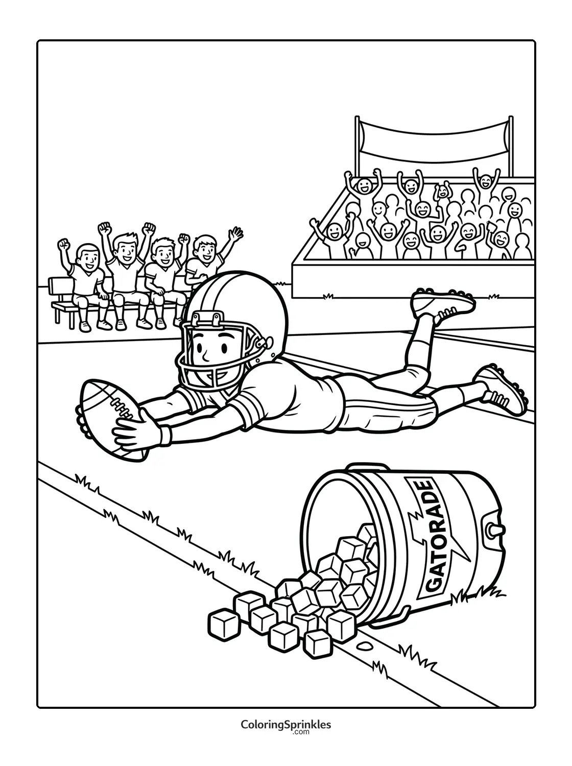 Coloring page of a football player diving for a touchdown with cheering crowd and spilled Gatorade ice