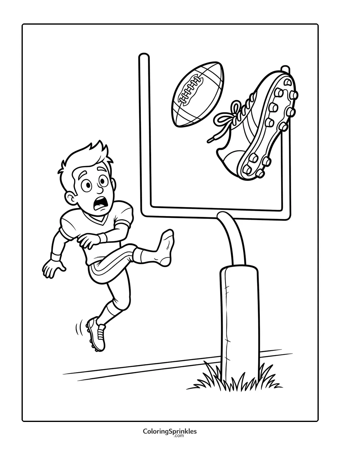 Coloring page of a football player kicking a ball near a goalpost