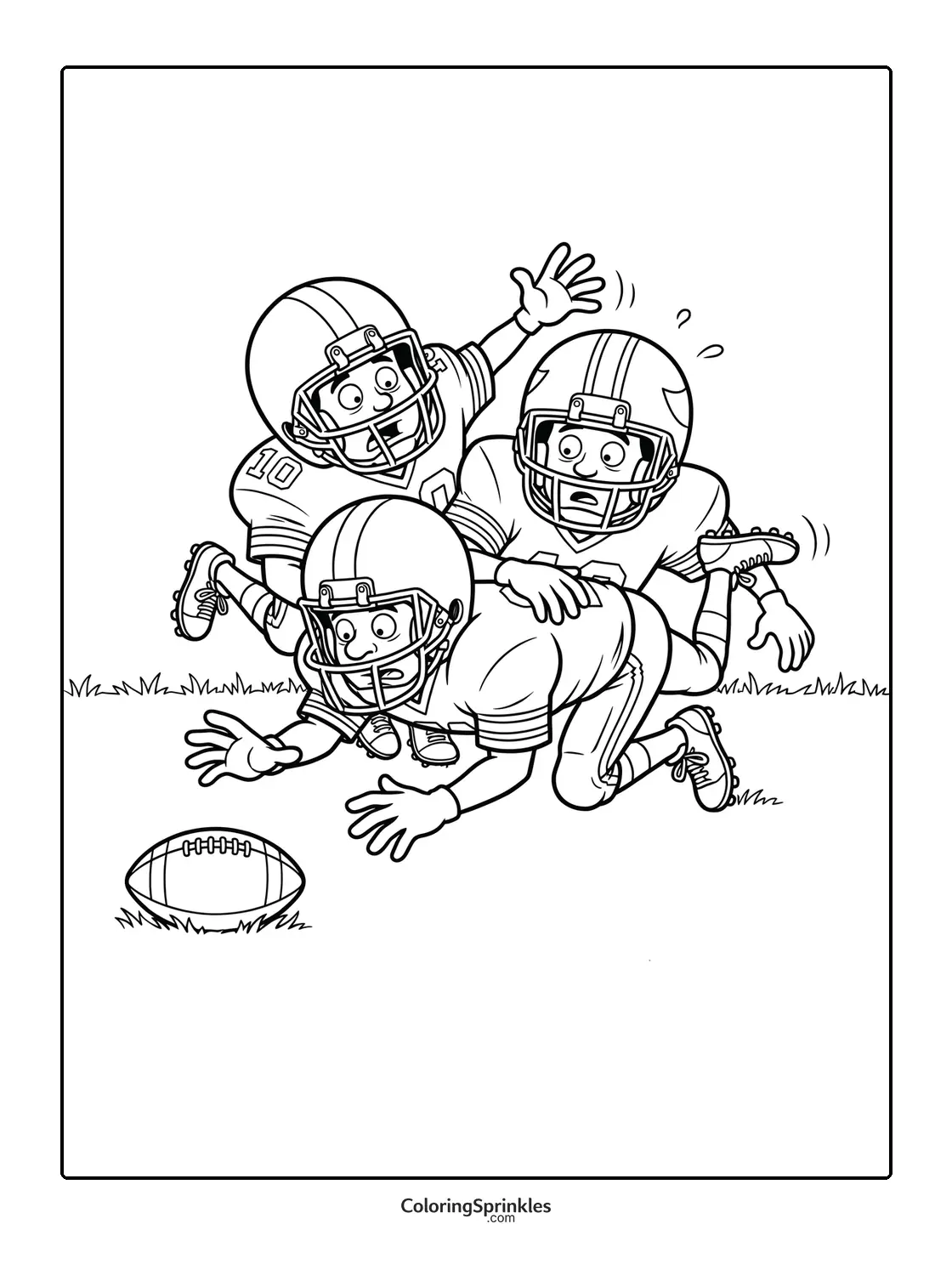 Coloring page of football players reacting to a fumble ball