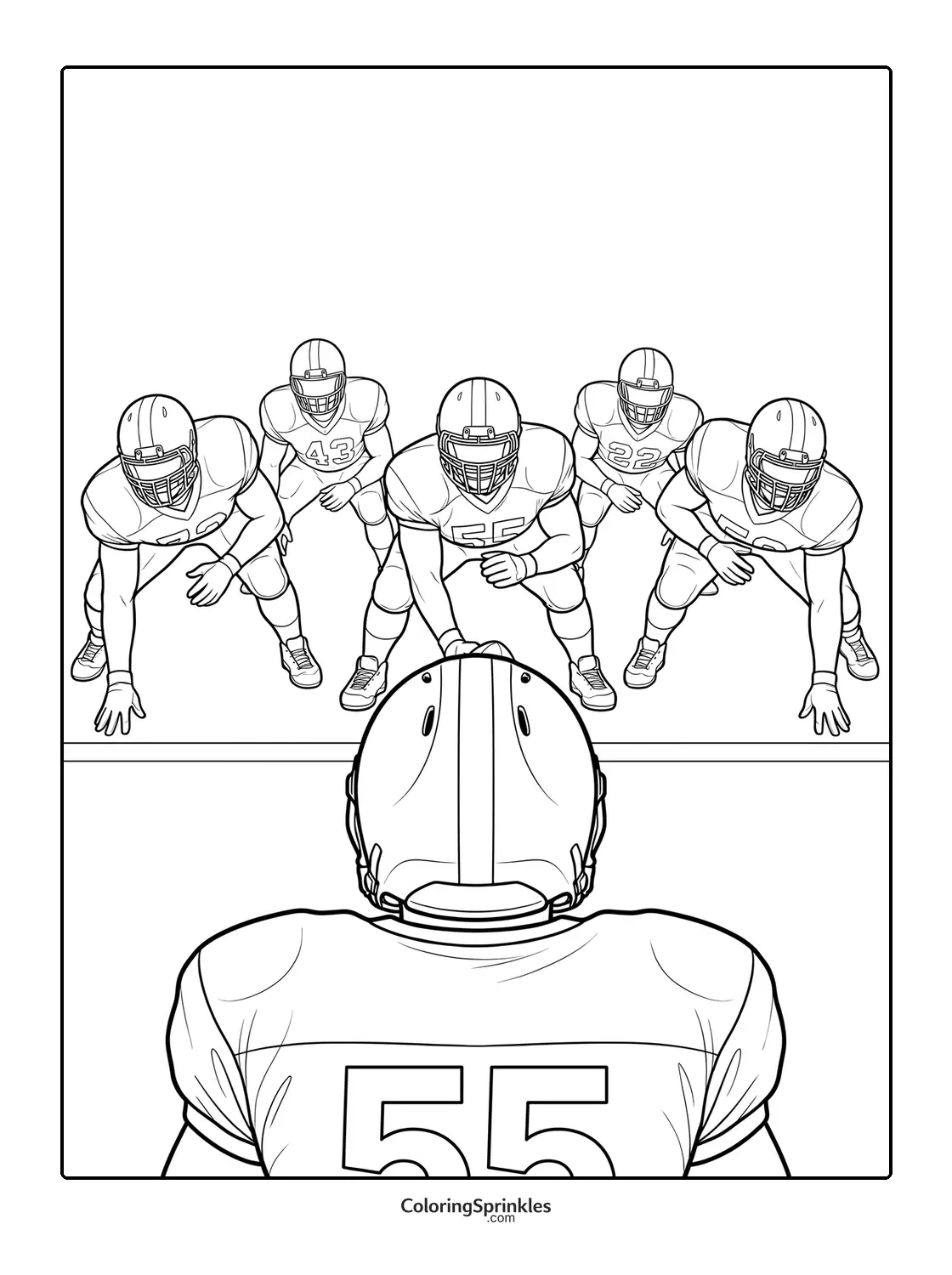Coloring page of football players lined up on offense and defense