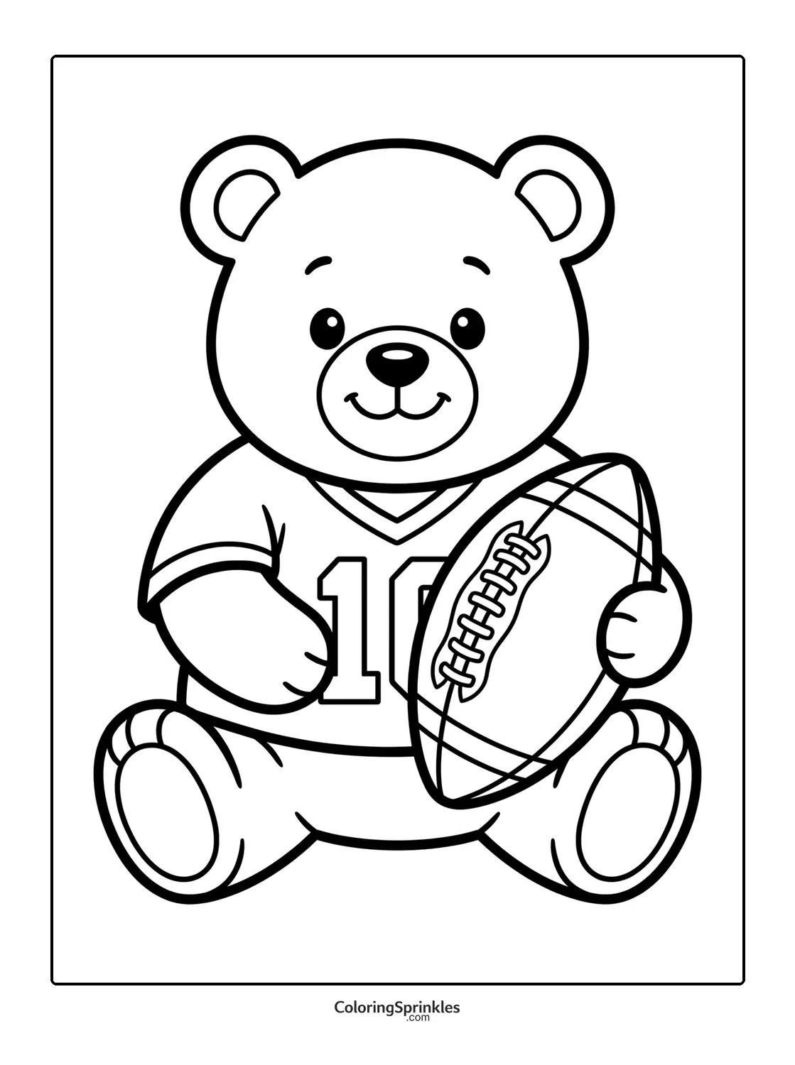 Coloring page of a teddy bear holding a football wearing a jersey